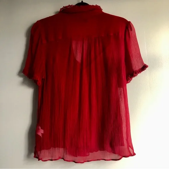 J.Crew Sheer lace-trim button-up Vibrant Red Cap Sleeves Blouse Women’s Size 6 - Picture 10 of 12